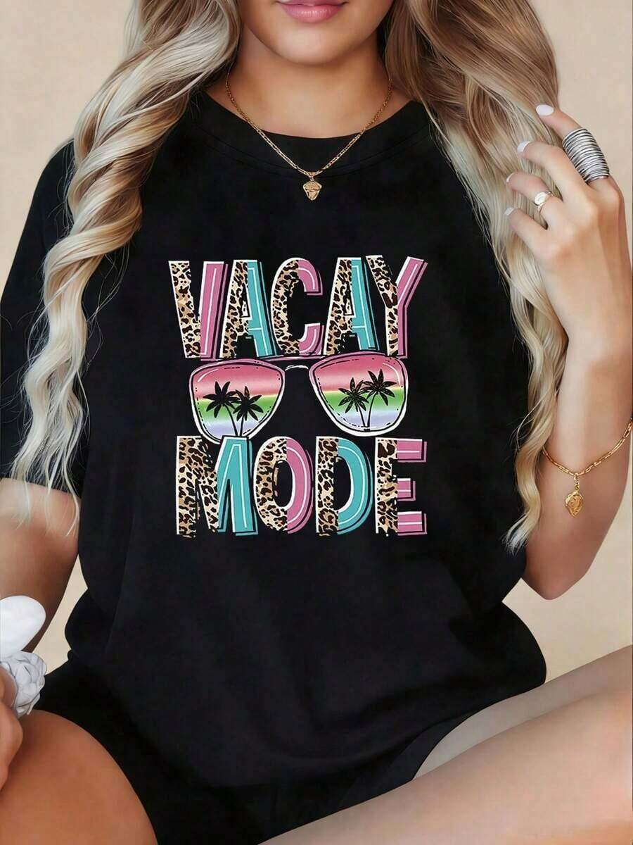 Cómodo Talla Grande, Camiseta de Talla Grande, Estampado VACAY MODE con Estampado de Leopardo y Diseño de Gafas de Moda con Letras en Contraste, Manga Corta Estilo Dulce y Fresco para Vacaciones y Viajes con Estampado de Cocotero, Camiseta Negra de Cuello Redondo Estampada para Mujer - Lavable, Cómoda, playeras de mujer algodon, blusa casual mujer, mujer - Negro - Ver 1
