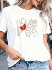 1 Women's Short Sleeve T-Shirt With Round Neck And NO LOVE Print, Casual And Comfortable Fit, Medium Elasticity Fabric, For Spring, Summer And Autumn, Sizes S-XXL, 100% Cotton - 白色 - 查看 8