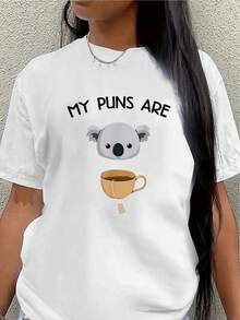 Camiseta de manga corta de poliéster con diseño divertido de koala y taza de café, ligera y duradera, adecuada para uso casual en casa, en cafeterías u oficinas, camiseta divertida para adultos.blusas para mujer>ropa - Blanco - Ver 1