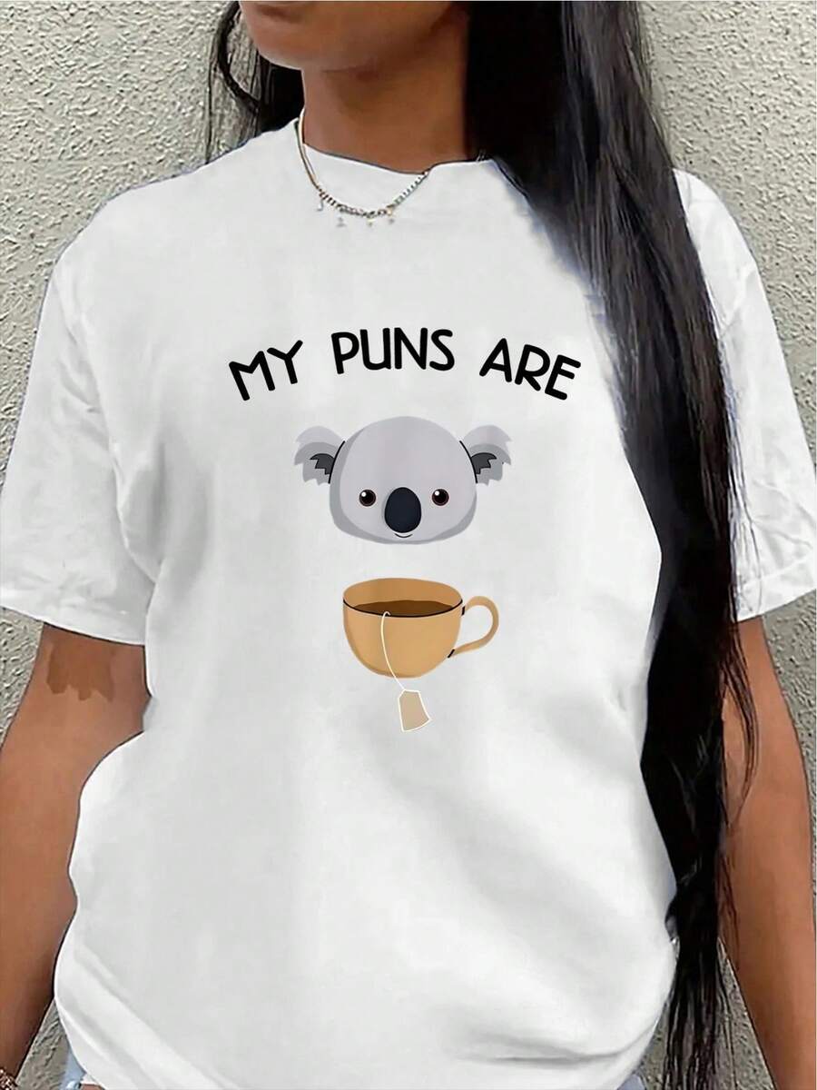 Camiseta de manga corta de poliéster con diseño divertido de koala y taza de café, ligera y duradera, adecuada para uso casual en casa, en cafeterías u oficinas, camiseta divertida para adultos.blusas para mujer>ropa - Blanco - Ver 1