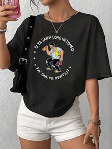100% Cotton. A Fun Phrase That Expresses The Cheerful Spirit Of Someone Celebrating With Friends While Dancing And Holding A Drink, Reflecting Confidence And Humor. Women's 100% Cotton T-Shirt. Women's Simple Solid Color T-Shirt, Loose And Slim Fit Casual Short Sleeve - 黑色 - 查看 1