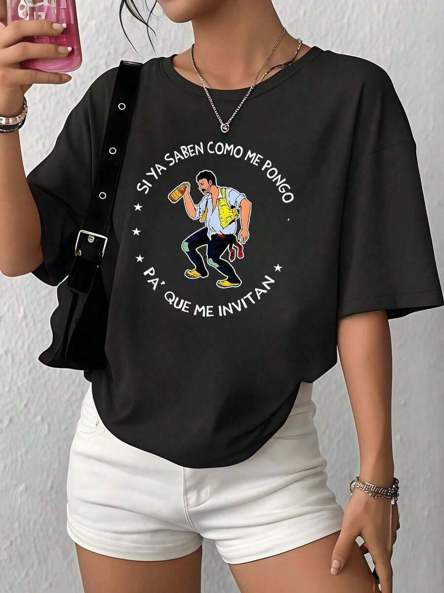 100% Cotton. A Fun Phrase That Expresses The Cheerful Spirit Of Someone Celebrating With Friends While Dancing And Holding A Drink, Reflecting Confidence And Humor. Women's 100% Cotton T-Shirt. Women's Simple Solid Color T-Shirt, Loose And Slim Fit Casual Short Sleeve - 黑色 - 查看 1