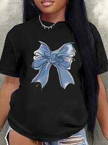 This Short-Sleeved Polyester T-Shirt, Decorated With A Light Blue Bow Pattern, Is Lightweight And Durable, Ideal For Casual Wear At Home Or In Restaurants, And Is Comfortable And Fits Well For Everyday Wear. Women's Blouses > Clothing - 黑色 - 查看 7
