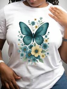Women's Casual Short Sleeve T-Shirt, Retro Vintage Style, With Vibrant Butterfly And Flower Print - Brown Background, Breathable Medium Elasticity Fabric, Regular Fit Round Neck For Spring, Summer And Autumn, Women's T-Shirts, Seasonal Fashion, Nature Inspired Design, Non-See-Through Material, Comfortable Fit. - 白色 - 查看 3