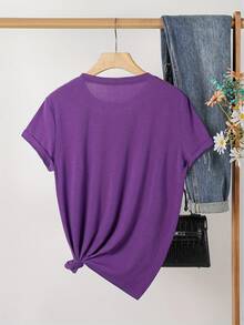 Camiseta casual de manga corta y cuello redondo para mujer, con estampado floral y de mariposas brillantes, hecha de tela ligera y suave, adecuada para uso en exteriores e interiores, regalo, regalo para mujer, regalo de cumpleaños, regalo para amigas, regalo para hermanas, regalo para días festivos. 9LX4 - Morado oscuro - Ver 2