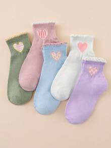 5 paires de chaussettes de cheville respirantes pour femmes avec imprimé cœur et bulle mignons, pour un port quotidien - Multicolore - Voir 3