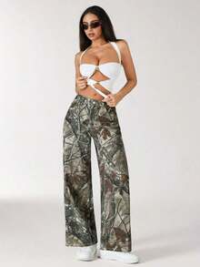 Jeans de mezclilla con estampado de leopardo vintage informal - Verde militar - Ver 5