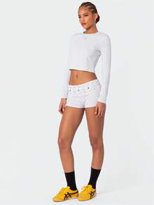 Womens Studded Fold Over Waist Shorts Y2k Low Waist Rivet Micro Shorts Slim Fit Boyshorts Goth Rave Costumes Mini Bottoms Casual Stylish Rivet Design Hot Pants Streetwear Party Clubwear - F619-灰色 - 查看 9