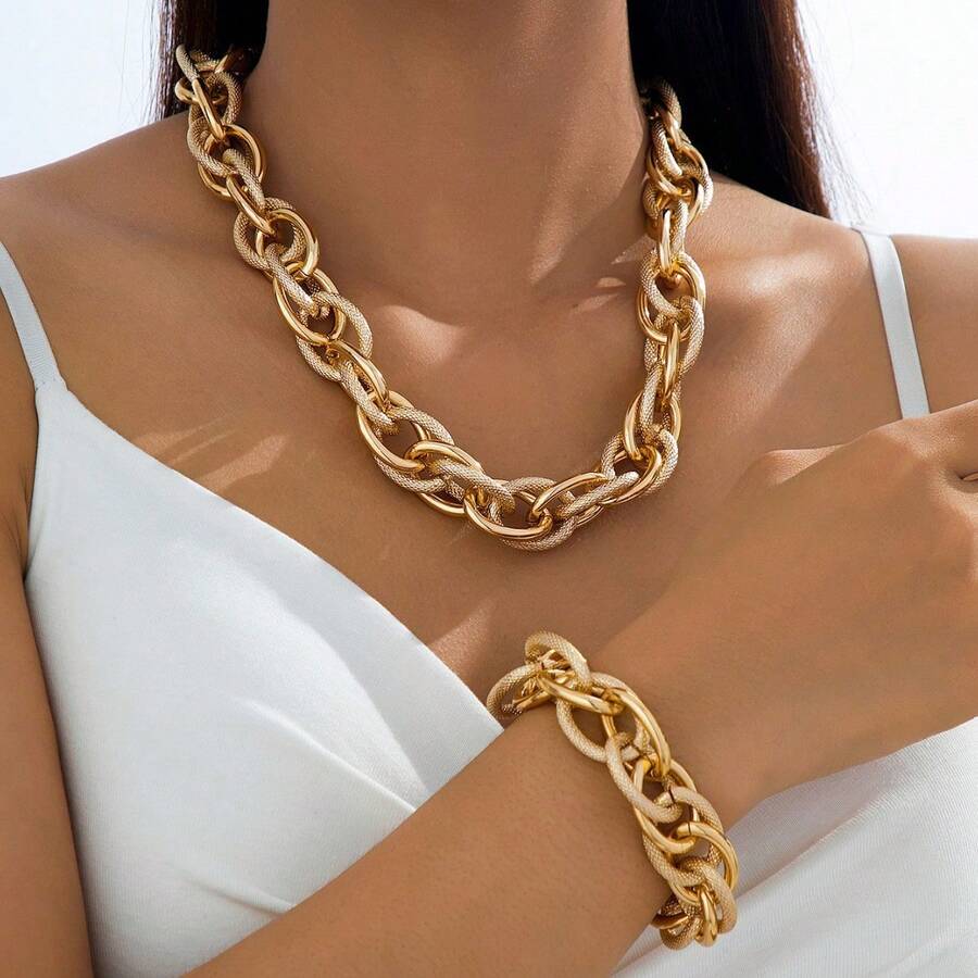 1 Set Double-Layer Chain Necklace And Bracelet Set, Suitable For Daily Wear And Gift Giving - Multicolor - View 1