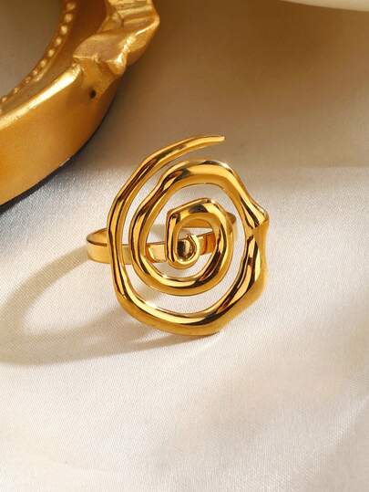 1pc Minimalist 18K Gold Plated Stainless Steel Spiral Ring, Suitable For Women's Daily And Summer Vacation Wear
