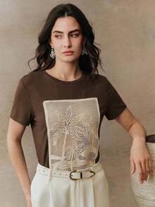 Women's Short-Sleeved Knit Blouse With A Round Neck And Floral Mesh Print, Ideal For Holidays And Casual Spring Wear - 灰色 - 查看 1