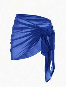 Falda pareo de malla de color sólido, perfecta para vacaciones en la playa. - Azul 3 - Ver 3