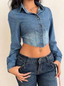 Chaqueta de jean corta para mujer, chaqueta casual azul de manga larga ajustada - Azul - Ver 4