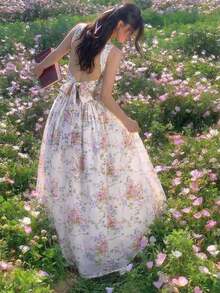 MOD Vestido con estampado floral romántico, espalda abierta y lazo - Blanco - Ver 3