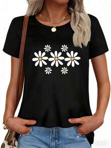 Camiseta de manga corta para mujer, transpirable, con estampado floral de margaritas negras - Corte relajado, cuello redondo, top casual, tela transpirable de elasticidad media, disponible en tallas grandes, lavable, para primavera, verano y otoño, ropa de vacaciones, estilo simple y elegante, material no transparente, playeras de mujer algodón,  mujer premium. - Negro - Ver 2