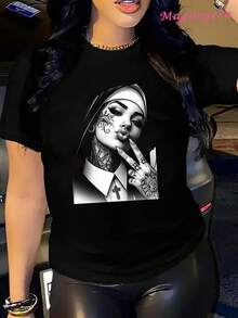 Oversized Extra Large Soft Cotton T-Shirt For Women With Tattooed Girl Graphic, Ideal Gift For Fashion Fans, Streetwear Style, Short Sleeve Crew Neck T-Shirt, Perfect Casual For All Seasons, S M L XL, 100% Cotton - 黑色 - 查看 1