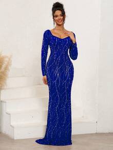 NIKBK Vestido de gala formal ajustado hasta el suelo de manga larga en azul real con perlas falsas y rhinestones con diseño de sirena - azul real - Ver 3