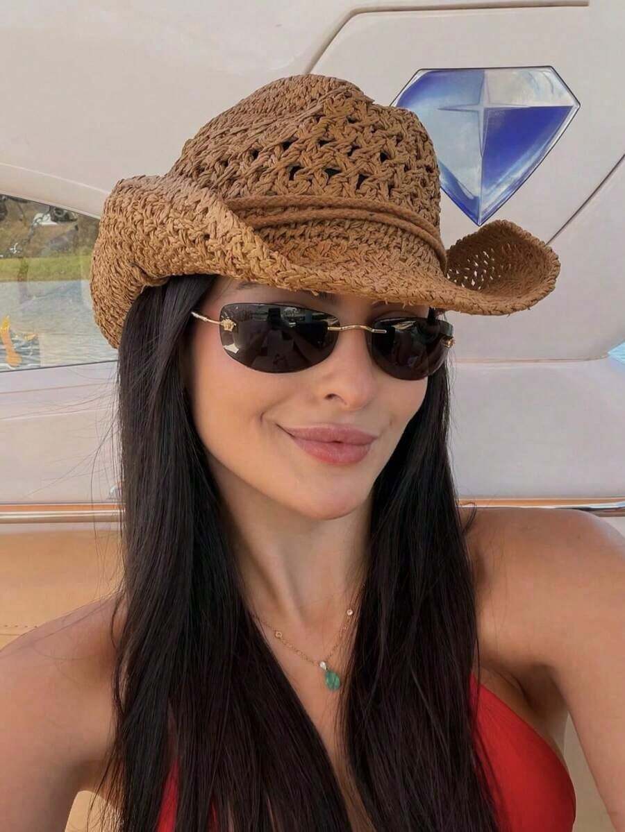 Sombrero Vaquero de Paja Calado Marrón, Sombrero Protector Solar Bohemio para Mujer, Accesorio para Playa, Viajes y Pueblos Mágicos - A - Ver 1