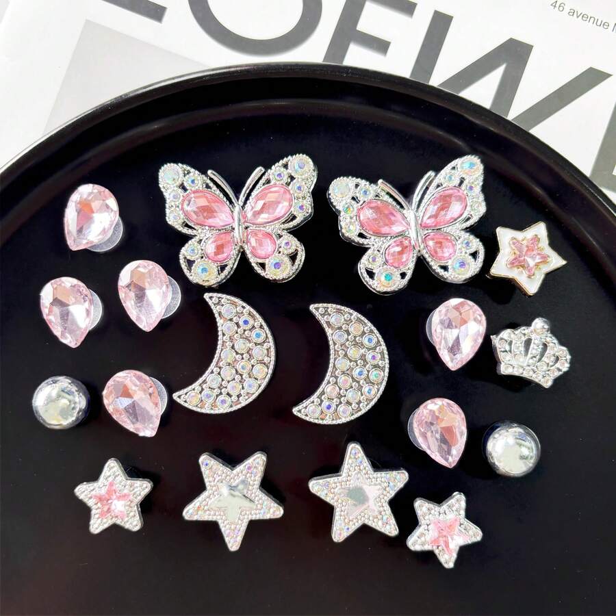 18pcs/Set Silver & Pink Bow, Rhinestone, Star, Moon Shoe Decorations, Suitable For Women Shoes, Sandals, Slippers DIY, Excellent Gift Choice - Silver Pink - View 1