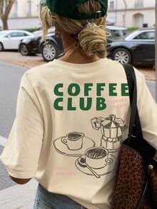 Nueva Camiseta de Verano para Mujer, Estilo Simple y Moderno, con Estampado de Letras y Diseño de Cafetera Moka, Cuello Redondo, Manga Corta, Casual, Versátil y a la Moda. - Albaricoque - Ver 4