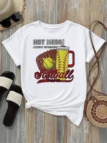 Women's T-Shirt With 'Hot Mess Stressed Softball Mama' Print, Black And White Options, Graphic Tee, Casual Everyday Wear T-Shirts, Summer Tops, Graphic Tees, Summer Sets, Women's Crop Tops, Casual Blouses For Ladies - 白色 - 查看 2