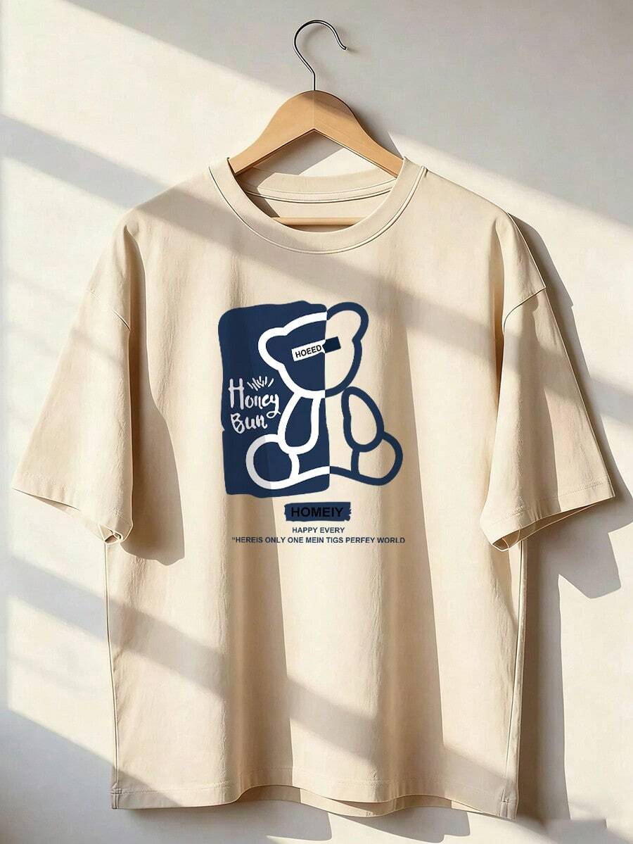 Blue And White Line Bear "Happy Bear" T-Shirt, Fashionable Short-Sleeved T-Shirt For Spring And Summer 2026, Made In Mexico, 180 Grams. Cartoon Print, Couple Design, Suitable For Indoor Or Outdoor Wear. Crew Neck, Unisex, Ideal For Office And Leisure. One-Pack. - APR-P631577SLNDXZGY648 - 查看 1