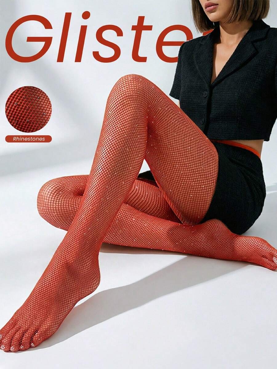 Women's Red Rhinestone Fishnet Tights, High Elasticity Non-Binding, Shiny Party Diva Style Mesh Stockings - Red - View 1