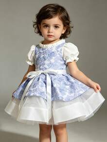 XUMPLO Baby Girls' Cute Elegant Blue Floral Applique White Mesh Bowknot Short Party Dress, Princess Dress For Birthday, Party, Holiday - Blue - View 7