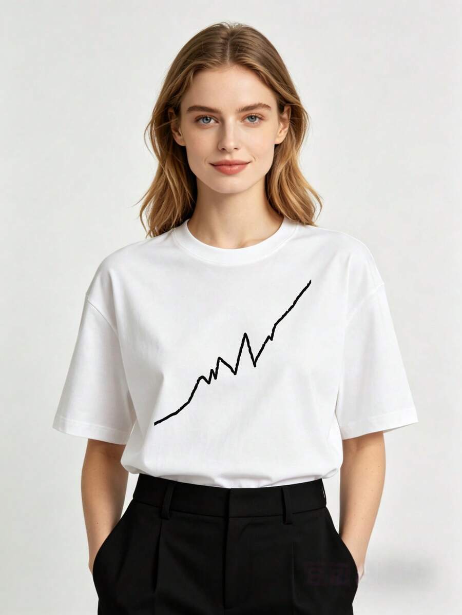 Estilo minimalista premium, conjunto de 1 pieza, camiseta básica casual de manga corta para mujer con estampado de latidos del corazón, adecuada para conjuntos de padres e hijos y parejas, perfecta para usar en primavera y verano, un regalo ideal para mamá en el Día de la Madre, regalo familiar, ecológico. - Negro - Ver 1