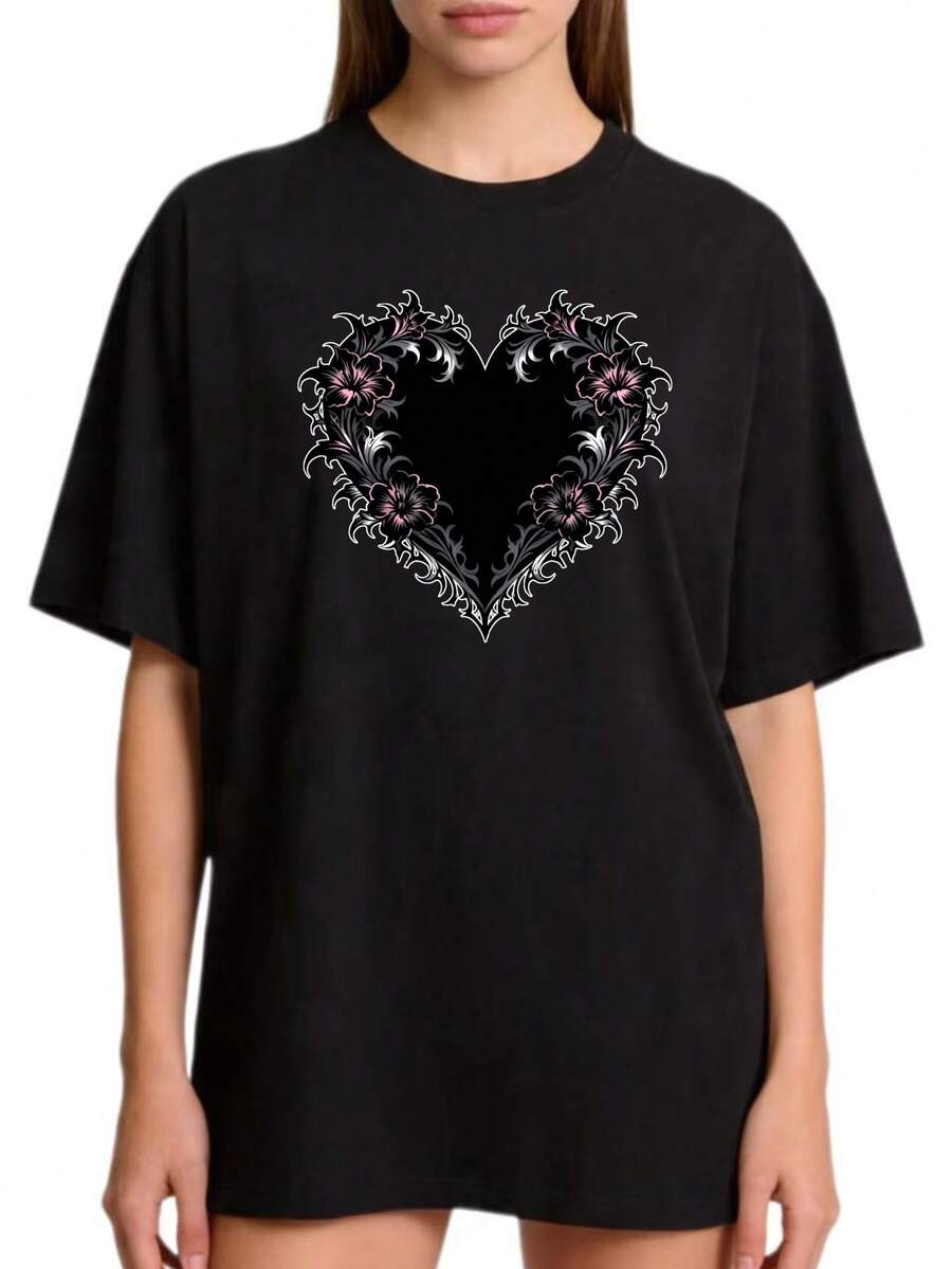 Women's Premium Gothic Floral Heart Basic Crew Neck T-Shirt, Sizes S-2XL, 100% Pure Black And White, Suitable For Family And Couple Outfits, Perfect For Spring And Summer, Ideal Gift For Mom, Mother's Day, Family Gift, Gift For Close Friends, . - 黑色 - 查看 1