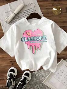 Playera Holgada para Mujer con Diseño de Corazón Rosa, Transpirable - Blanco - Ver 2