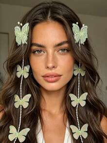 2pcs Fashion Tassel Faux Butterfly Hair Clips, Bridal Headpiece Hair Accessories, Vacation Style Hair Clips, Atmosphere Feeling Hair Clips For Women,Hair Barrettes,Hair Claws - Multicolor - View 6