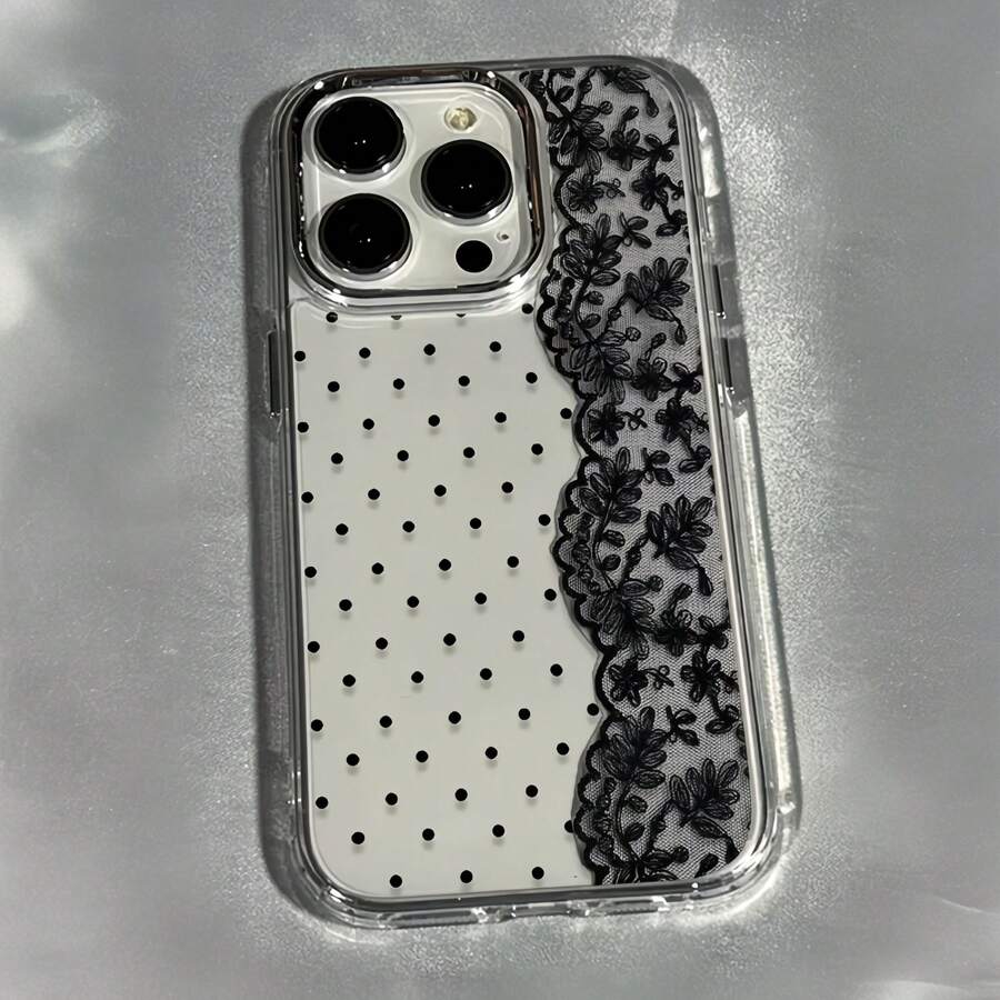 1pc Metal Button Transparent Case, Minimalist Lens Protection Sexy Lace Polka Dot Pattern Phone Case, Personalized For IPhone 16 Pro Max, 17/16/15/14 Plus, 13/12/11, Air - Multicolor - View 1