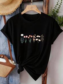 Women's Summer T-Shirt, Casual Short Sleeve Floral Print, Suitable For Casual Daily Wear And Outdoor Activities, Comfortable And Skin-Friendly | Casual Blouses For Women | Basic Short Sleeve Top For Women B8V8 - 黑色 - 查看 6