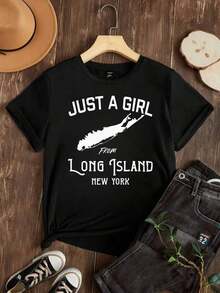 Camiseta de Mujer 2026, Corte Holgado Casual, Opciones en Blanco y Negro, Estampado Gráfico de Long Island, Nueva York, Camisetas para Uso Diario de Verano, Tops de Verano, Camisetas Gráficas, Conjuntos de Verano, Camisetas Gráficas para Mujer, Tops Cortos para Mujer, Blusas para Mujer Casuales, Ropa Linda de Algodón Vintage para Mujer. - Negro - Ver 3
