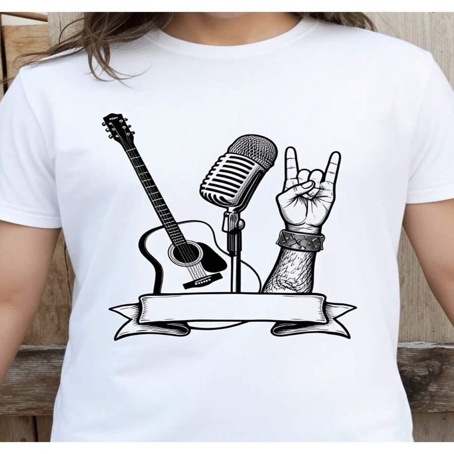 Camiseta para mujer con Diseño de guitarra, micrófono, gesto de rock para amantes de la música, ideal para conciertos y festivales. Camiseta 2D para mujer, Diseño casual holgado, ligeramente extendida S-XXXL - Blanco - Ver 1