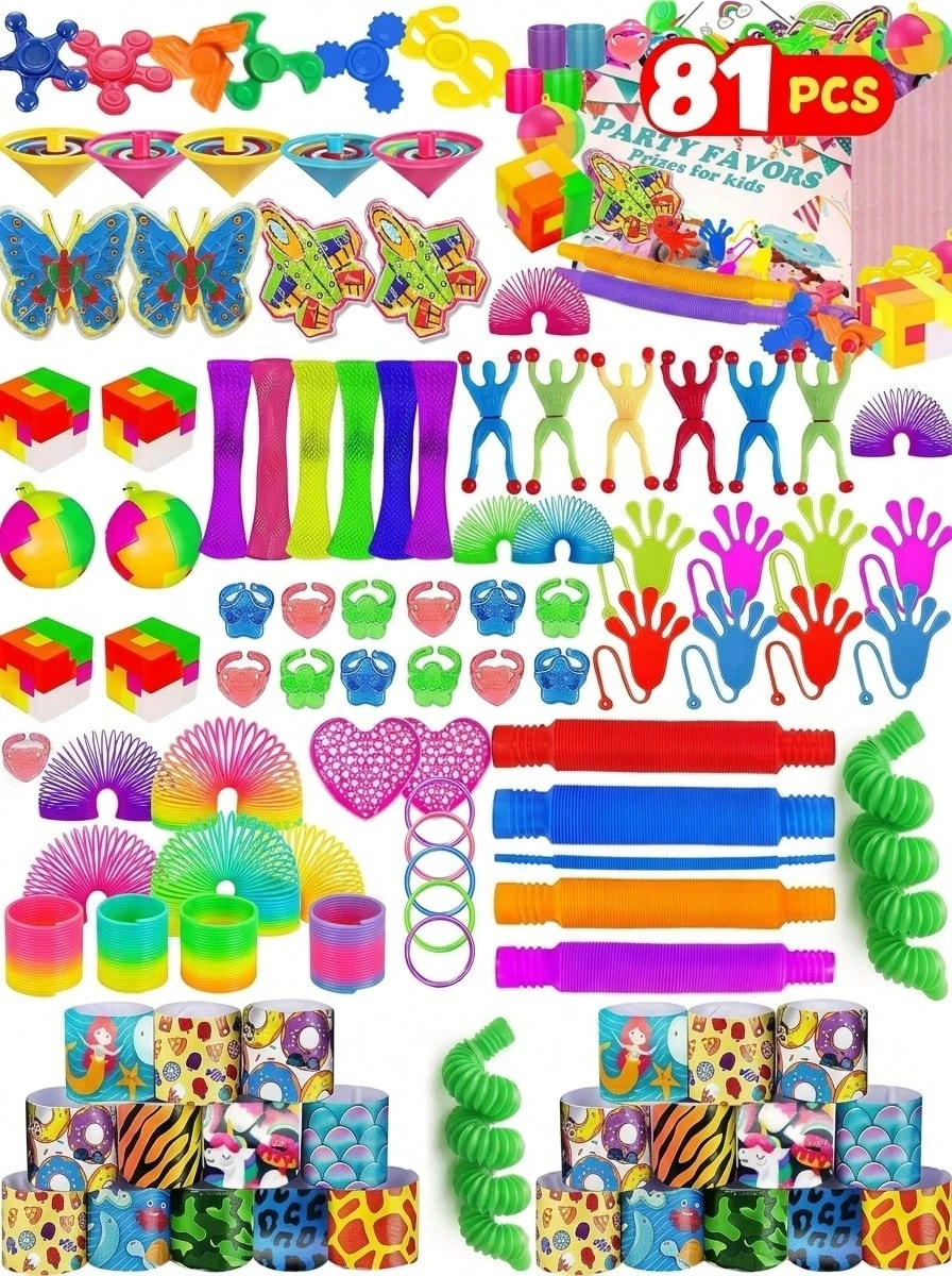81pcs Party Gift Bag Filler, Educational Toy Set Christmas Stocking Stuffer Classroom Wholesale, Treasure Box Carnival Prize Gift, Piñata Bag Filler - Yellow - View 1