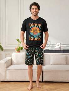 Men's Summer Tropical Print Pajama Set, Short Sleeve Top And Shorts - Black - View 4