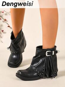 Black Striped Buckle Tassel Rivet Punk European And American New Chunky Heel Square Toe Comfortable Versatile Vacation Street Office Commute Daily Casual Ankle Boots For Women, Suitable For All Seasons - Black - View 2