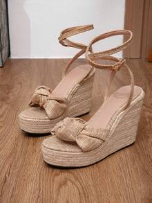 Women's Platform Wedge Espadrille Sandals With Thick Soles, Rope Straps, Zipper Back, Suitable For Spring/Summer Vacation, Boho Style Sexy High Heels For Nightclub Party - Khaki - View 6