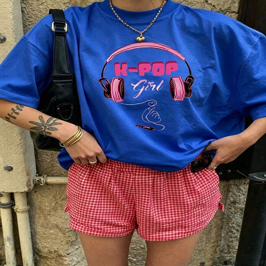 Cute K Pop Girl Graphic T-Shirt 100% Cotton Oversized Soft Breathable Casual Crewneck Short Sleeve Top Daily Casual Street Style Aesthetic Daily Basic Casual Wearers Fashion Lovers Daily Outfit Enthusiasts Gift Givers - 藍色 - 查看 1