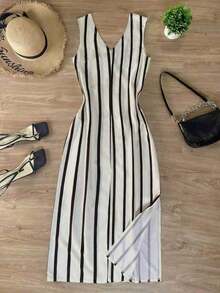 Vestido midi de mujer de un solo pecho con cinturón y rayas, elegante y de moda - Blanco y Negro - Ver 2