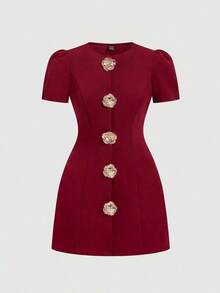 MOD Vestido negro vintage glamoroso de talla grande para mujer con acentos de rosa metálico - perfecto para estética, look preppy, citas, fiestas, vacaciones, meriendas, cumpleaños, uso en la oficina y para ir y venir, con aire de dinero antiguo.Primavera/Verano - Burdeos - Ver 4