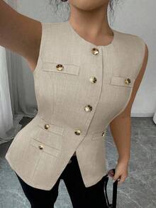 ajustado de estilo francés minimalista, versátil y cómodo con abertura frontal, adelgazante, blazer de verano para mujer de talla grande de tejido tejido elegante y sofisticado - Caqui - Ver 6