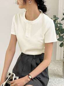 Camiseta de punto acanalado con botones delanteros lisos para verano - Blanco - Ver 2