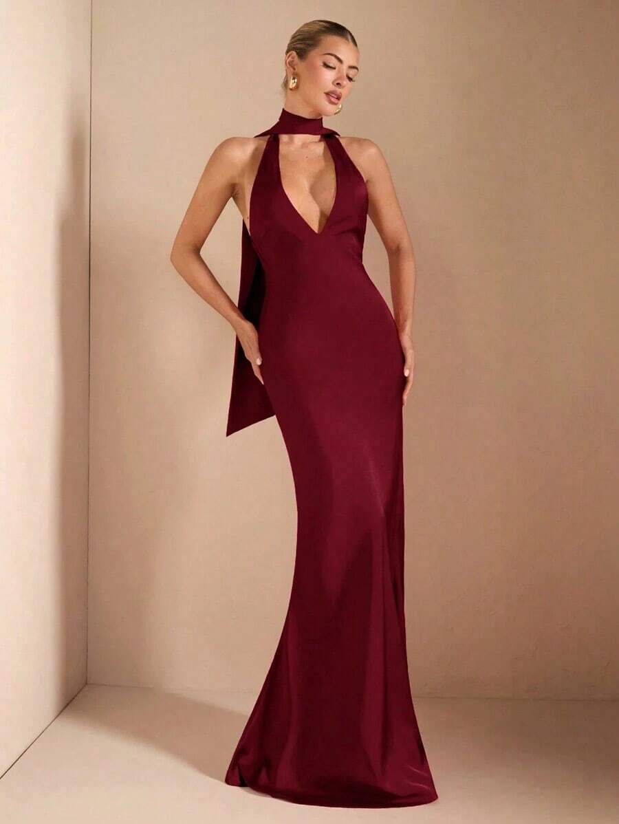 Vestido con escote en V profundo, tirantes de espagueti, cintura con amarre y espalda descubierta, elegante y sexy, adecuado para cócteles, citas románticas, como capa base en otoño/invierno, fiestas, bodas, Halloween, Navidad - Burdeos - Ver 1