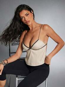 Top corto de camisola con espalda descubierta y detalle de contraste en el frente con lazo para mujer, ideal para vacaciones - Albaricoque - Ver 4