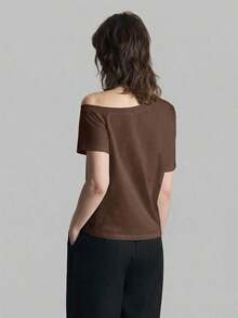 2026SS Nueva Blusa de Mujer de unicolor con Hombros Descubiertos, Uso Casual Diario, Camiseta de Manga Corta Holgada, Blusas de Verano para Mujer, Casual de Negocios, Vacaciones, Playa, Fiesta de Cumpleaños, Atuendo de Maestra, Regreso a Clases - Marrón - Ver 8