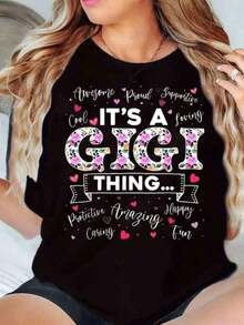 Women's T-Shirt With Floral And Heart Print 'It's A Gigi Thing', Round Neck, Short Sleeve, Casual For Everyday Wear - 白色 - 查看 1
