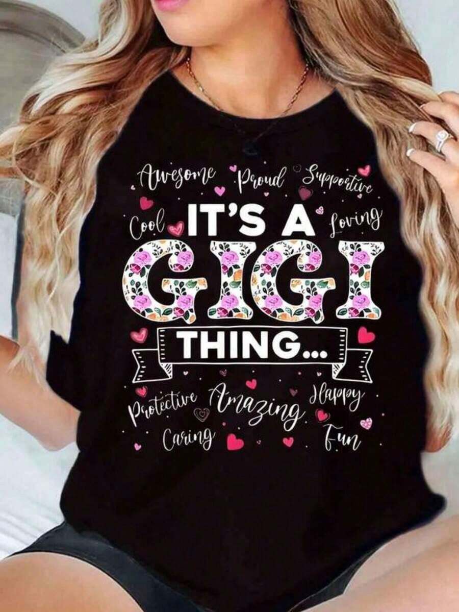 Women's T-Shirt With Floral And Heart Print 'It's A Gigi Thing', Round Neck, Short Sleeve, Casual For Everyday Wear - 白色 - 查看 1